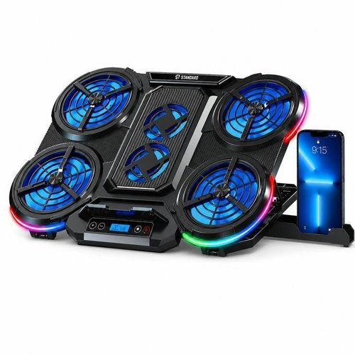 ICE08 Gaming Laptop Cooler for Up to 17 Inch, 6 Cooling Fans, RGB Lighting with 10 Modes, LCD Display, 7 Adjustable Speed Levels, Dual USB Ports, Phone Holder, Cooling Pad