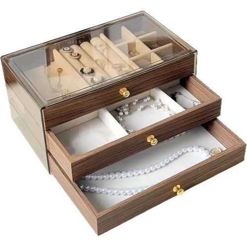 3-Drawer Accessory Organizer - Wood and Acrylic - Organized Space for Rings, Earrings, Necklaces, and Bracelets - Luxurious Back with Elegant Gold-Tone Handles