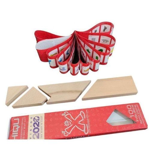 Classic 4-piece wooden T-shaped puzzle with a challenge booklet featuring 100 shapes, made from safe natural wood, an educational toy to develop logic and spatial skills for children and adults, small travel size (shape may vary)