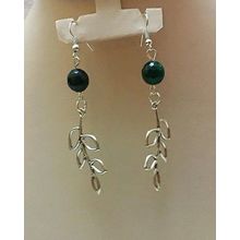 Green Stone &amp; Leaf Earrings - Silver