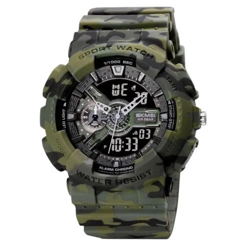 Military Sport Watch for Men - Camouflage Design - Dual Display Analog & Digital - 5Bar Waterproof - Army Green.