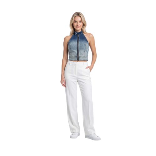 Women's Denim Halter Neck Zip-Front Crop Top