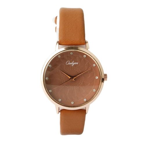 Women’s Brown Leather Strap Watch with Textured Brown Dial, Gold-Tone Numerals, Gold-Tone Case and Quartz Movement