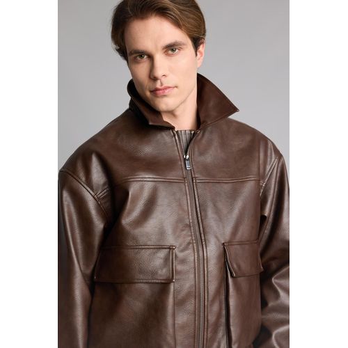 Regular Fit Lined Faux Leather Tailored Collar Zip-Up Jacket