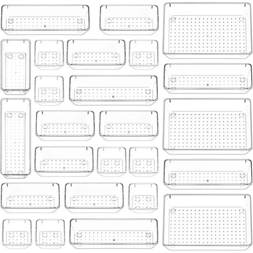 مجموعة من 25 قطعة لمنظّمين درج المكتب مع صناديق تخزين بلاستيكية شفافة للحماّم وفواصل درج للغرور وتنظيم صواني للغرفة والمكياج وأدوات المطبخ والمكتب