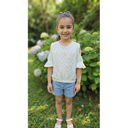 Kids Girls' Cotton Cold-Shoulder Blouse - White with Blue Bow Print