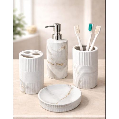 Set 4 Pieces Luxury White Marble Bathroom Accessories with Gold Veining White Color