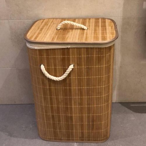 Bamboo Laundry Basket with Lid, Cotton Rope Handles, Removable Fabric Liner, Rectangle Design, Natural Color 75L, 60x30x40cm