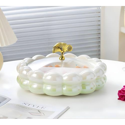 Multi-color porcelain luster rotating snack plate with split glass lid - imported