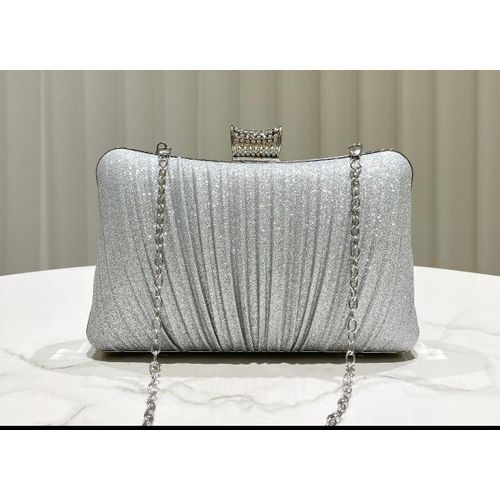 Elegant Pleated Glitter Evening Clutch Bag With Rhinestone Lock & Chain - Silver