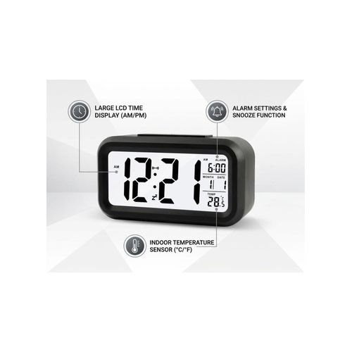 Digital Alarm Clock with Large LCD Display Snooze Backlight Temperature Date Month Battery Operated Bedside Clock for Bedroom Office Kids Adults Black