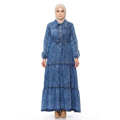 Long Denim Dress with Layered Design and Classic Collar for Women - Dark Blue Color - Perfect for Daily & Formal Occasions