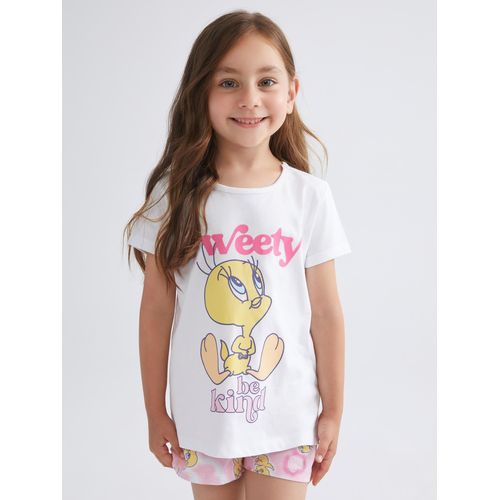 Crew Neck Tweety Printed Girl's Shortie Pyjama Set
