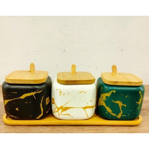 Elegant Porcelain Spice Set - 3 Pieces with Wooden Lid & Holder