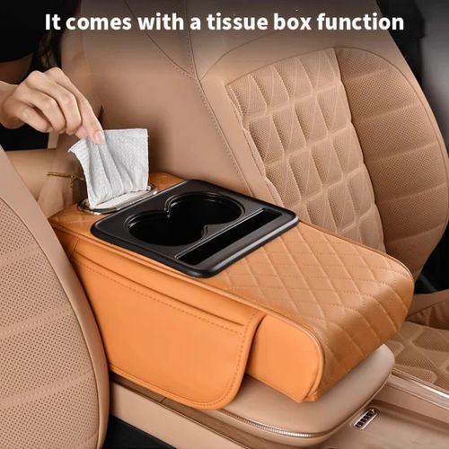 Armrest Pillow - Thick comfortable pillow with cup holder and napkins for car console and center armrest, multi-color organizing bag and double beige cup holders
