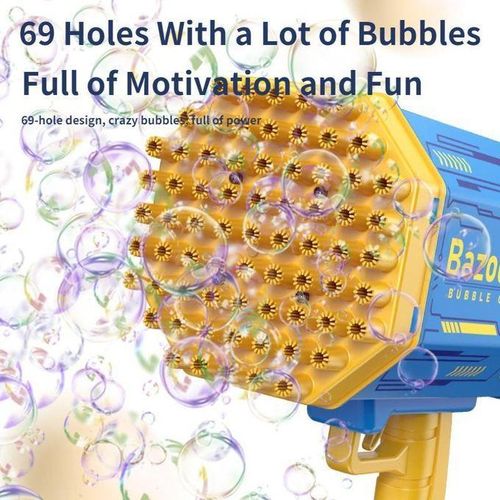 Bazuka Bubble Gun 69 hole Electric Bubble Blower with LED Lights and Fan Mode Rechargeable with Battery and Bubble Solution Included Colorful Bubble Machine for Kids Adults Parties Birthdays and Outdoor Fun