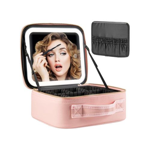 Makeup Travel Train Case with Mirror LED Light 3 Adjustable Brightness Large Cosmetic Bag Portable Storage Adjustable Partition Waterproof Makeup Brushes Make up Jewelry Gift for Women
