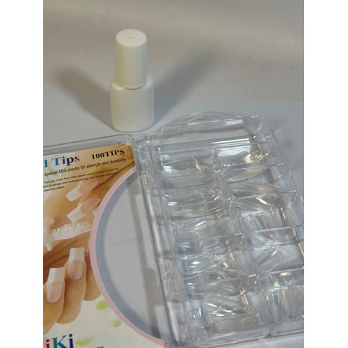 Industrial nails with complete coverage of nail tiles false nail for womwn . A set of 100 pieces, transparent and flat artificial nails for salons and home + Nail Glue with Brush, Instant Glue for False Nails
