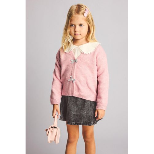 Baby Girl Basic V-Neck Knit Cardigan with Bow Detail