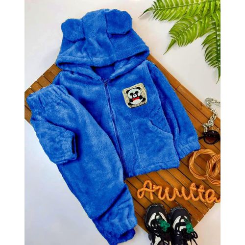 2pcs Boy's Fuzzy Fleece Outfit, Hooded Zip Up Jacket & Pants Set - Blue