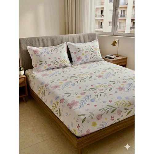 Yarlin-Cotton 100% Bed Set (Fitted Bedsheet for 160 cm beds and 2 Small Pillowcases (Flowery) Design