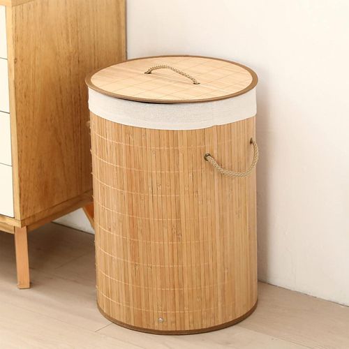 Natural Bamboo Laundry Basket with Lid and Removable Linen Liner – Large Multi-Purpose Storage Hamper for Laundry, Toys, Blankets and Towels – Modern Round Design with Rope Handles for Bedroom, Bathroom and Nursery – Available in Multiple Sizes