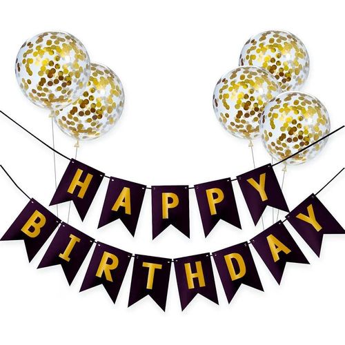 Happy Birthday Banner Birthday Bunting with 5 Gold Confetti Latex Balloons Perfect for Birthday Party Decorations - Black