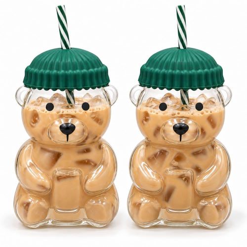 Set of 2 Glass Bear Mugs with Silicone Lid and Straw, 500 ml, Clear - Green