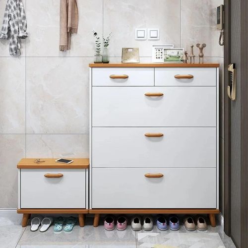 Modern Shoe Cabinet Set with Bench, 3 Flip Doors and 2 Drawers - White & Beige - 150 x 30 x 130 cm