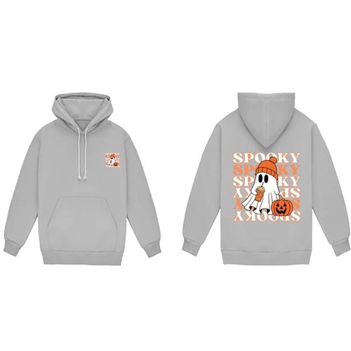 Halloween Ghost Pumpkin Graphic Pullover Hoodie, Grey Cotton Blend, Spooky Print Design