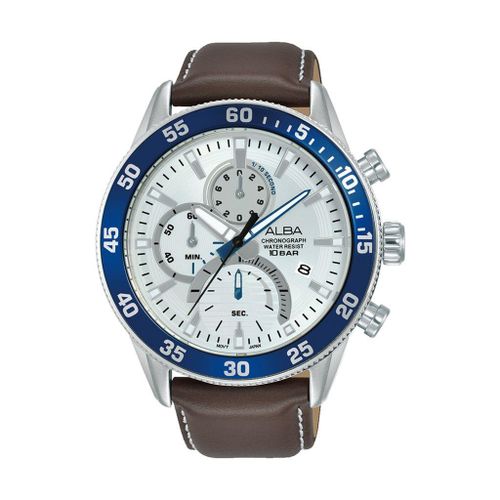 ساعة يد ألبا للرجال ACTIVE بسوار جلد بني وقرص فضي AM3901X1