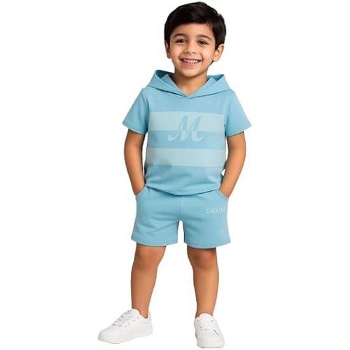 Cotton Lycra Boys Kids Summer Pajama Set Hoodie Short Sleeves - Embroidery - LightBlue