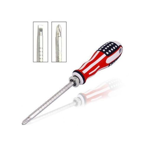 2-in-1 Reversible and Adjustable Screwdriver – Premium Hardened Steel Grooved Shaft with Ergonomic Non-Slip American Flag Pattern Grip Handle