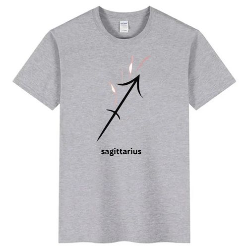 Sagittarius zodiac graphic t-shirt, Grey with a zodiac design, round neck, and short sleeves.