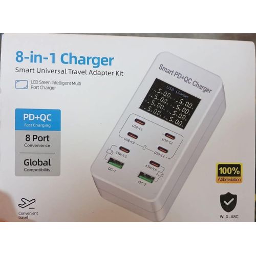 A8T 60W Smart Charging Station with 8 USB Ports & USB-C – LCD Display, QC3.0 & PD Fast Charging for PS4/PS5 Controllers and Mobile Devices
