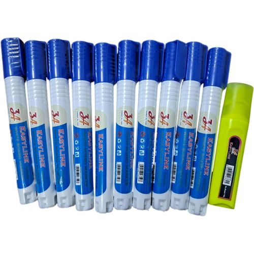 BlUE Whiteboard Marker, 10 Pieces + Free Highlighter - Chisel Tip - Model 505