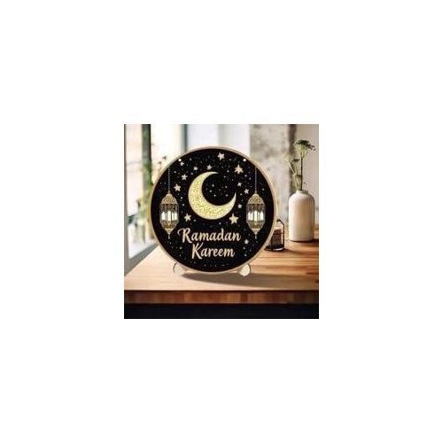 Round Ramadan decoration RAMADAN KAREEM MDF Circle Size 20*20 with an elegant wooden stand, perfect for Ramadan table decorations.
