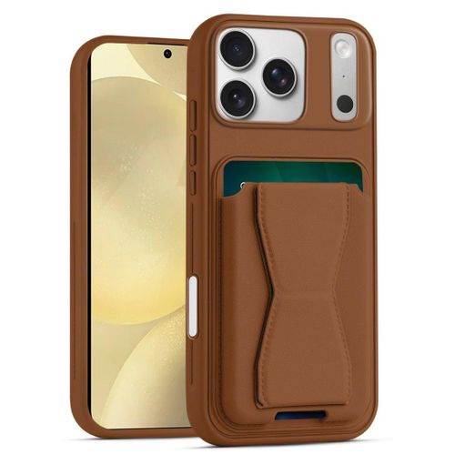 Leather back cover with card wallet Foldable Shockpoof Case compatible with Iphone 17 Pro Max (Brown)