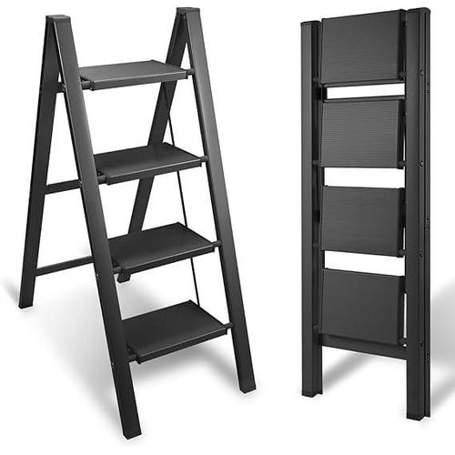 Black metal folding ladder with 4 steps and a wide threshold