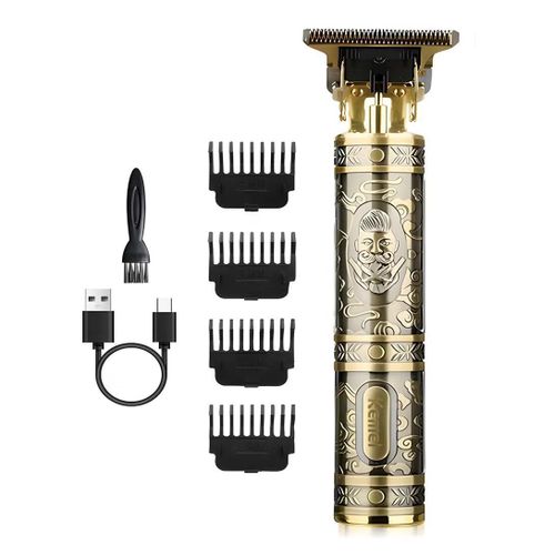 KM-T99 Professional Hair & Beard Trimmer with T-Blade, USB Rechargeable, Zero Cut, Retro Metal Design Gold