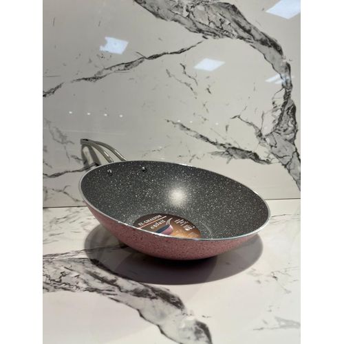 Turkish Granite Wok Pan - 30 cm Deep Stir-Fry Pan - Speckled - with Stainless Steel Handle
