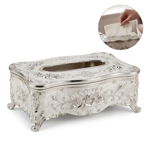 Decorative Tissue Box Cover with Ornate Floral Design and Raised Legs - Silver - 2507