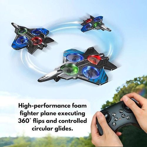 A remote-controlled aircraft (2.4 GHz frequency) featuring the ability to perform acrobatic maneuvers and 360-degree spins, and a...