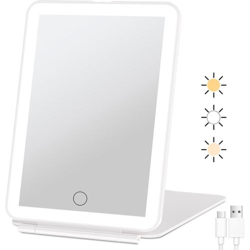 Rechargeable LED Makeup Mirror - Foldable Vanity Mirror with 3 Color Lighting Modes, Touch Control, Adjustable Brightness, USB Charging for Makeup, Skincare & Travel
