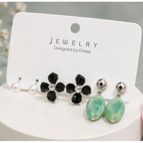 Women’s Elegant 3-Piece Earrings Set – Pearl, Black Flower & Green Drop Earrings