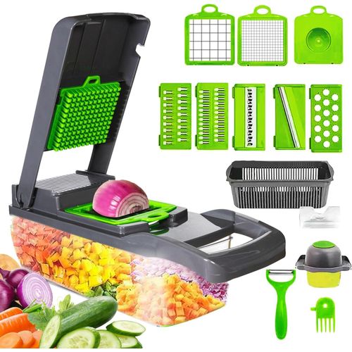 16-in-1 Multifunctional Slicer for Vegetables, Salad, and Onions, with Food Storage Container, 8 Interchangeable Blades, Hand Guard, Drainer, Peeler, and Cleaning Brush